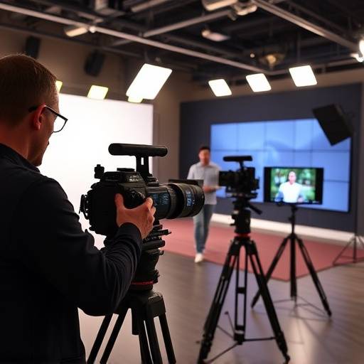 Behind-the-scenes look at the Aurora Studios team filming a promotional video for 'Global Dynamics' new product line.