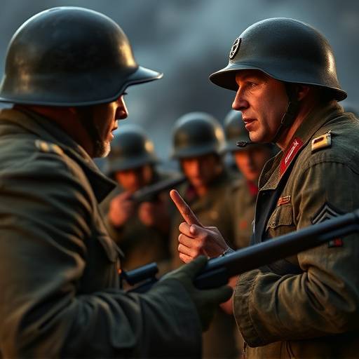 Scene from a historical documentary showing a reenactment of a pivotal moment in World War II.