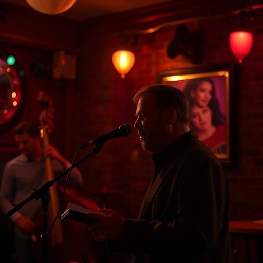Still from a soulful music video with a singer performing in a dimly lit jazz club.